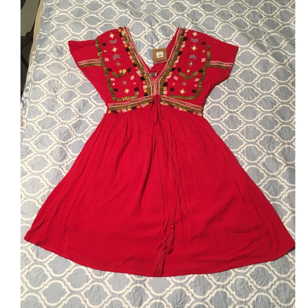 Earthbound Embroidered Red Coin Dress